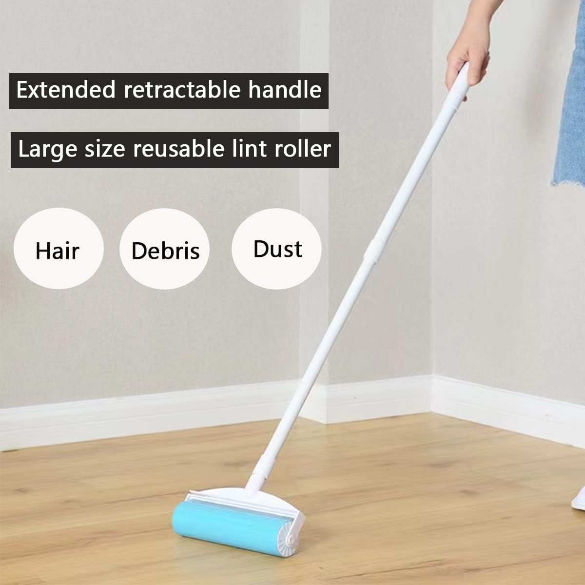 Washable and reusable lint roller with retractable handle, gel lint remover set cleaner for carpet, floor, sofa