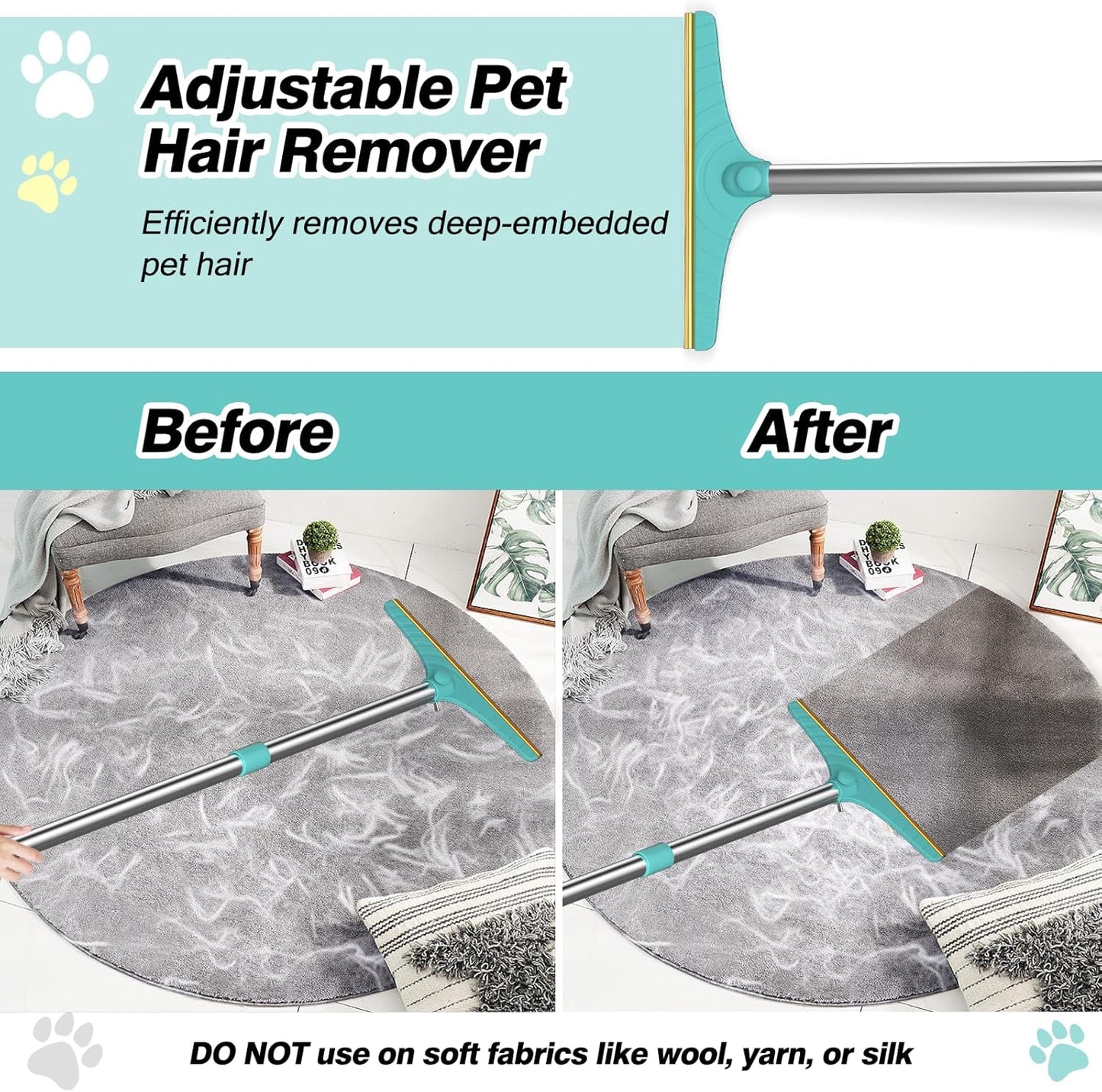Carpet Rake for Pet Hair Removal, Reusable Cat and Dog Hair Remover with 45 Inch Long Handle, Premium Lint Remover for Carpets, Floor Mats, Cushions, Sofas