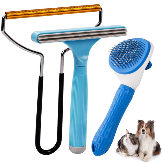 Pet Hair Removal Tool, 3-in-1 Grooming Brush, Cat and Dog Hair Removal Brush, Carpet and Furniture Hair Remover (Sky Blue)