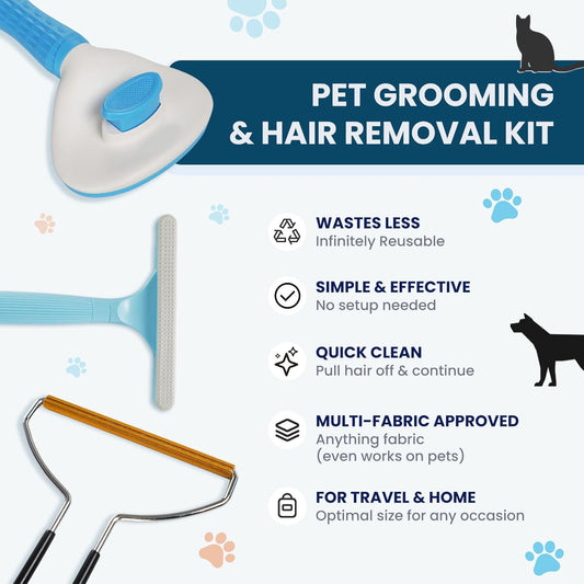 Pet Hair Removal Tool, 3-in-1 Grooming Brush, Cat and Dog Hair Removal Brush, Carpet and Furniture Hair Remover (Sky Blue)